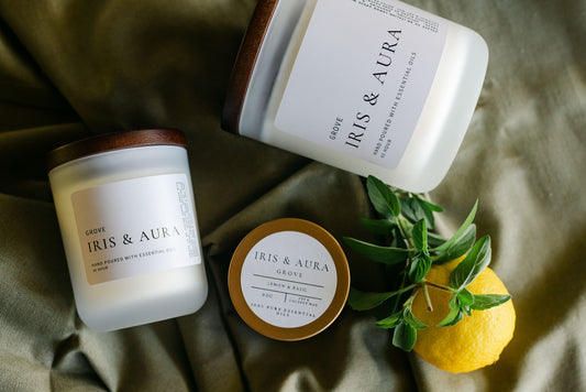 Essential Oil Candle on cloth with lemon